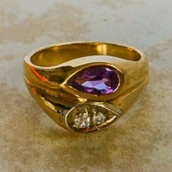 Vintage 14K Gold Sapphire & Diamond Ring Band Statement Cocktail Sz 9 - Picture 7 of 11